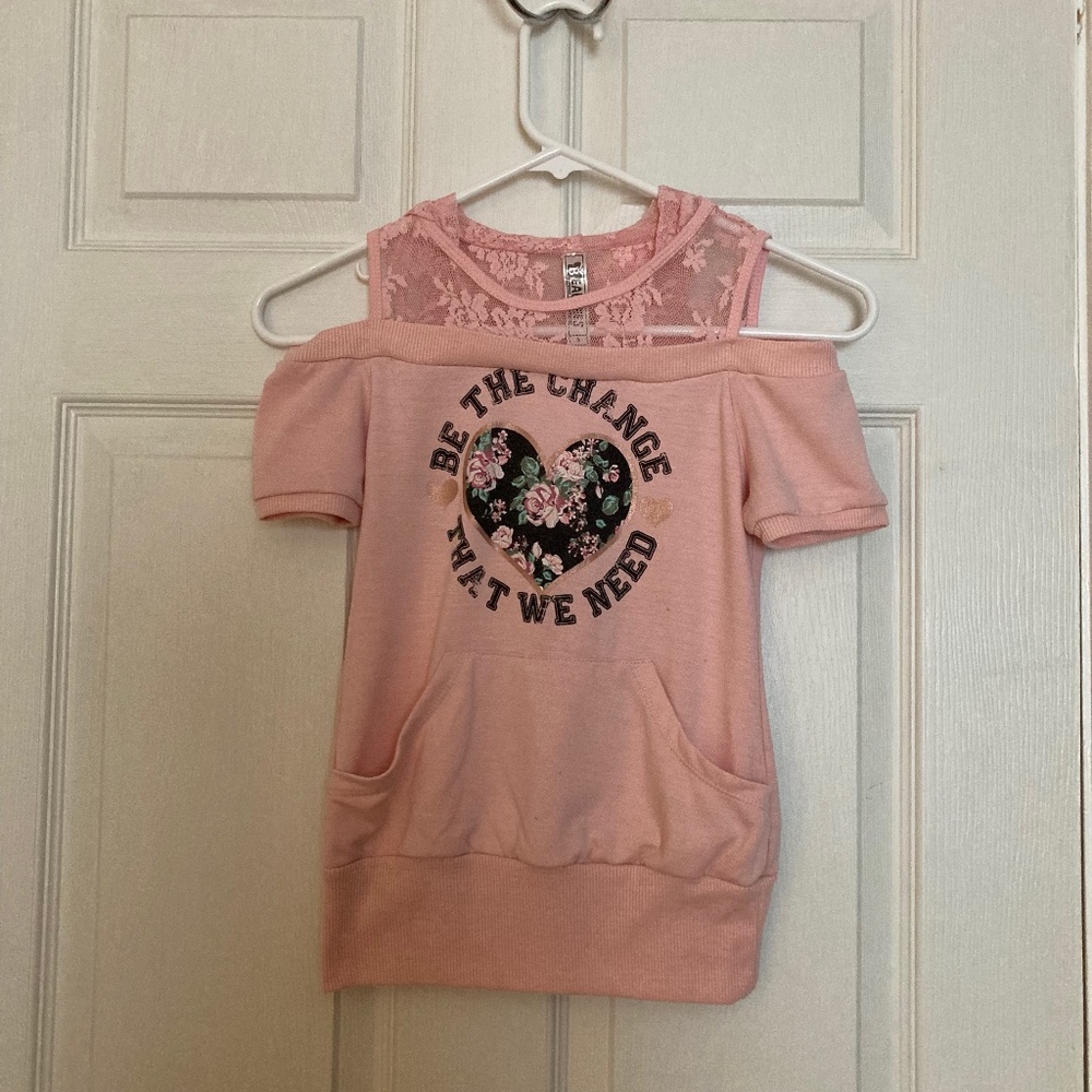 Beautees Pink Lace Neckline Cold Shoulder Hoodie